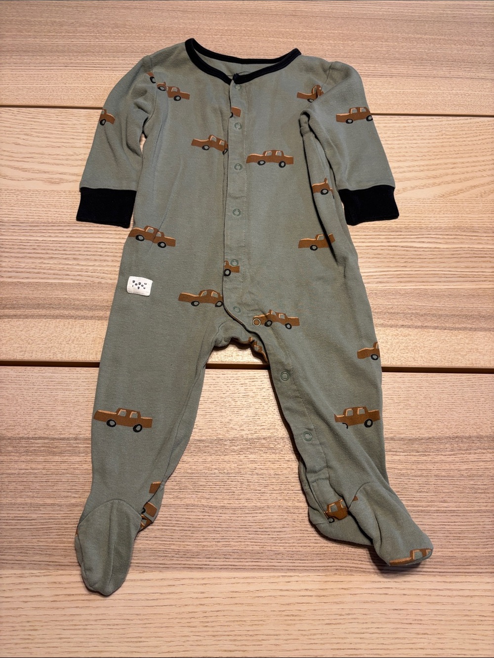 Olive Green Footed One-Piece with Car Print